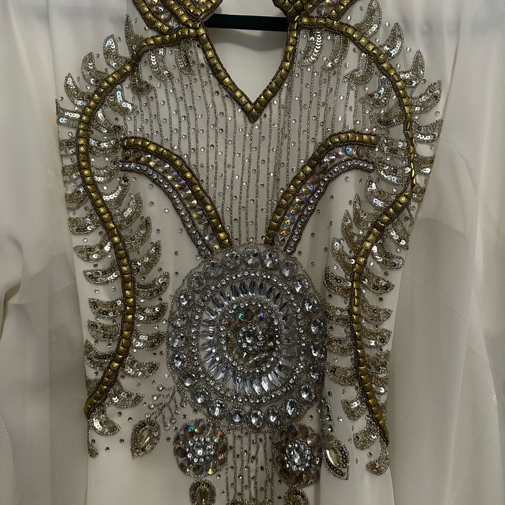 Embellished Ivory Caftan Dress with Gold Beading - Picture 4 of 6